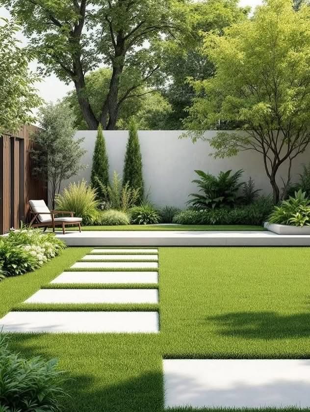 Modern paving set into a lush lawn