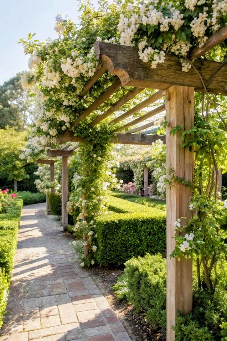 Roses climbing a garden pergola